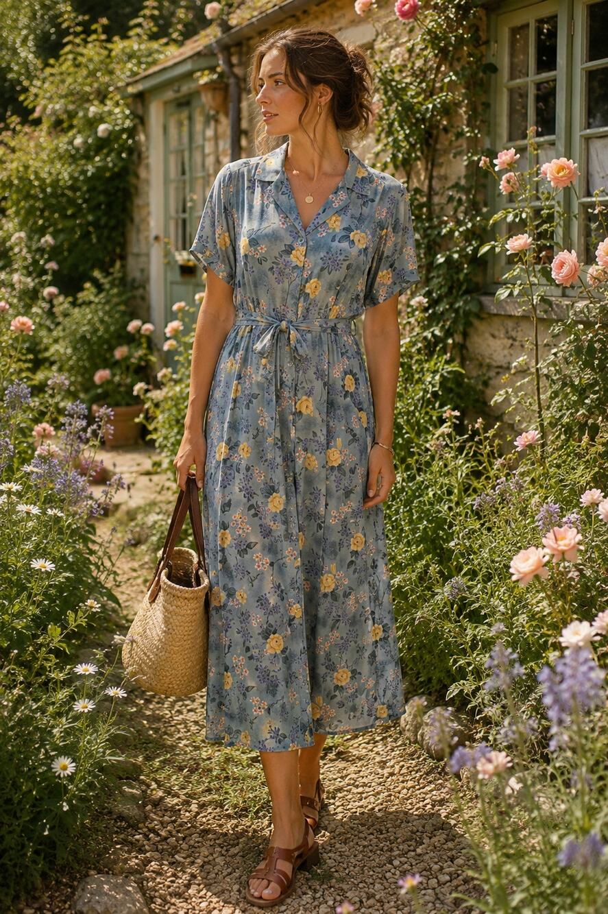 Vintage Erika Collection Floral Rayon Button Front Midi Dress Large ✨
